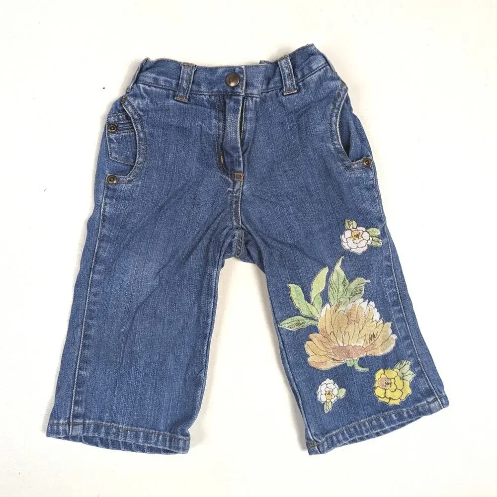 Vtg Gymboree Y2K Jeans Baby Girls Sz 12-18m Flare Floral Graphic
